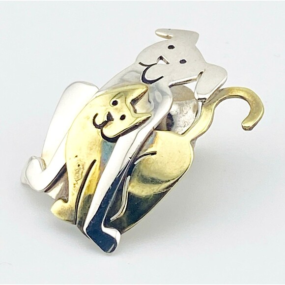 Far Fetched Adorable Dog and Cat Mixed Metals Brooch Pin Signed Sterling Silver - Picture 5 of 7